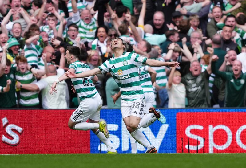 Daizen Maeda celebrates scoring for Celtic. Photograph: Andrew Milligan/PA