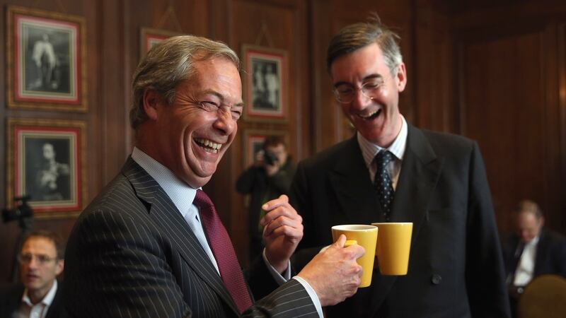 Arch-Brexiteer Tory MP Jacob Rees-Mogg (right, with Ukip’s Nigel Farage)  warned that the UK would, under the EU proposals, be a “vassal state” during any transition period. Photograph:  Dan Kitwood/Getty Images