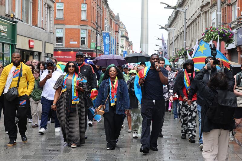 Protesters walk towards Arnotts on Henry Street, Dublin, on Saturday. Photograph: Dara Mac Dónaill