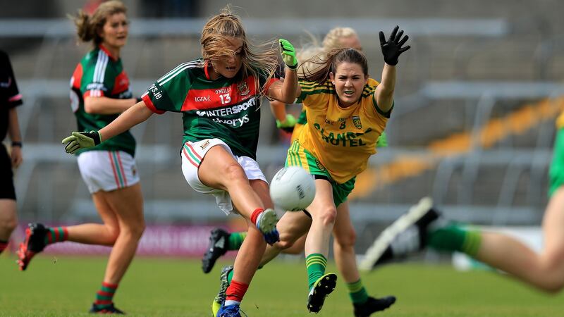 Katy Herron in action for Donegal against Mayo’s Sarah Rowe during the side’s All-Ireland quarter-final at  Cusack Park, in  Mullingar in August 2017. Photograph: Donall Farmer/Inpho
