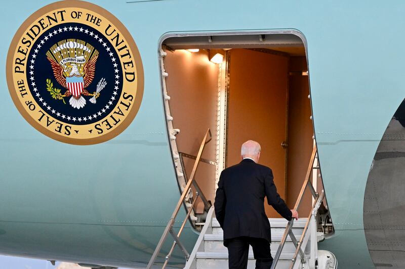 President Joe Biden boards Air Force One to return to Washington after meeting Israeli prime minister Binyamin Netanyahu in Tel Aviv. Photograph: Kenny Holston/The New York Times 