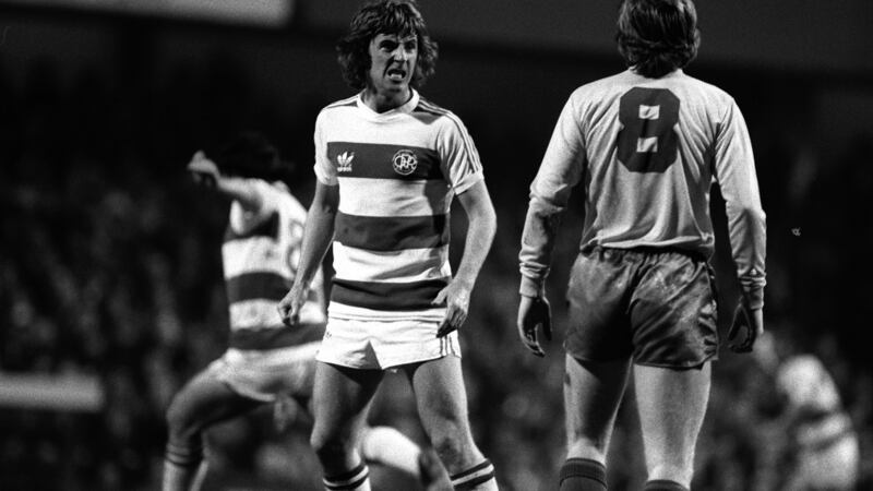 Bowles reacts angrily to a challenge by Robbie James of Swansea City in 1978. Photo: Getty Images