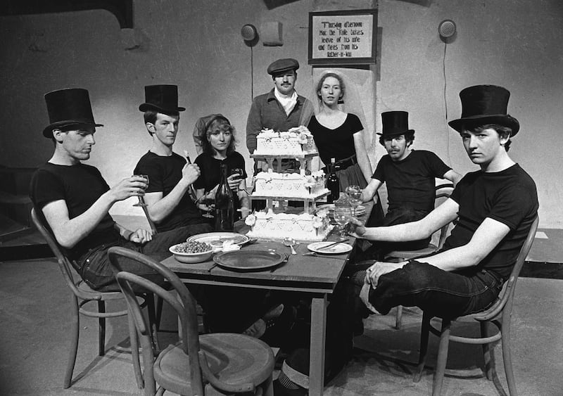 The Threepenny Opera, staged for the opening of Druid Theatre's new premises at Druid Lane, 1979: Jimmy Burke, Seán McGinley, Collette Lardner, Maelíosa Stafford, Marie Mullen, Ray McBride and Adrian Taheny