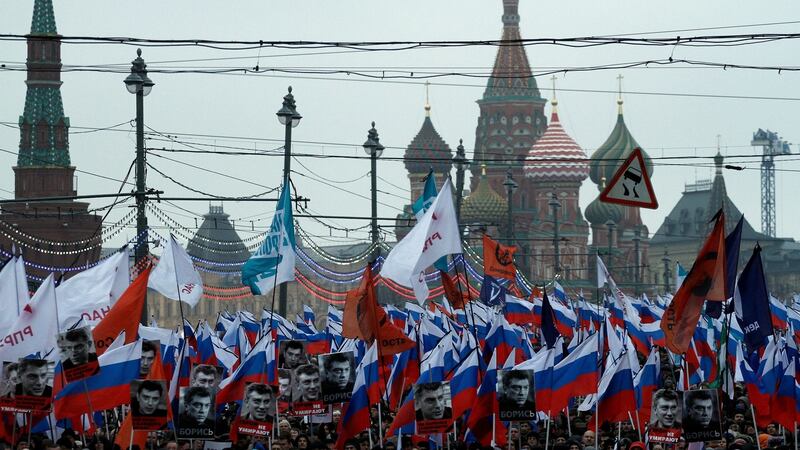 Opposition supporters marching in March 2015 in memory of murdered Kremlin critic Boris Nemtsov, who was murdered on February 27th, 2015. Photograph: Sergei Gapon/AFP/Getty Images.