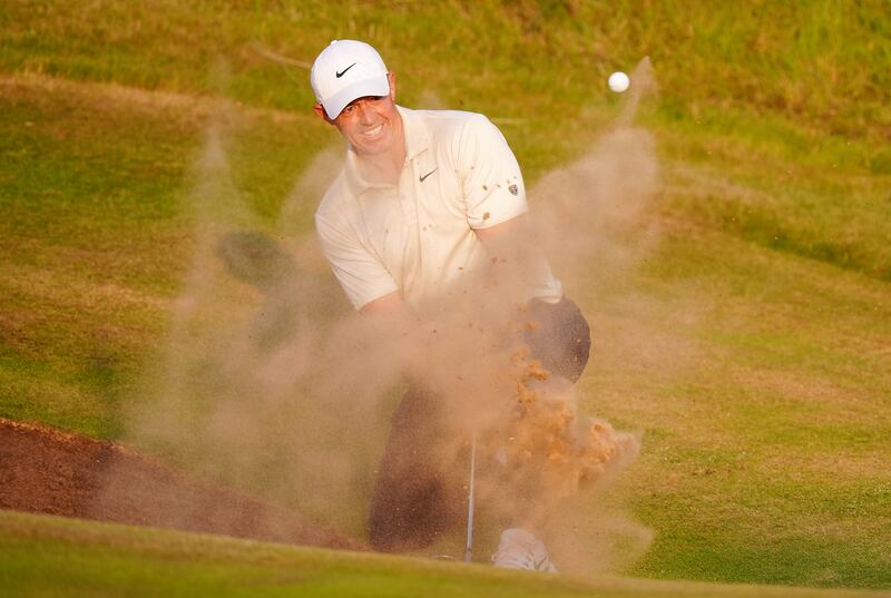 Rory McIlroy of Northern Ireland chips out of a bunker on the 17th during day one of The 154th Open Championship at Royal Birkdale in Southport.Picture date: Thursday July 16, 2026. PA Photo. Photo credit should read: David Davies/PA Wire.RESTRICTIONS: Editorial use only. No commercial use. Still image use only. The Open Championship logo and clear link to The Open website (TheOpen.com) to be included on website publishing.