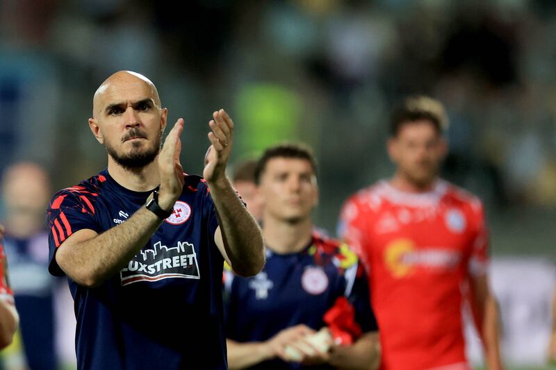 Shelbourne manager Joey O'Brien applauds the travelling supporters after the win over Rijeka. Photograph: Aleksandar Djorovic/Inpho