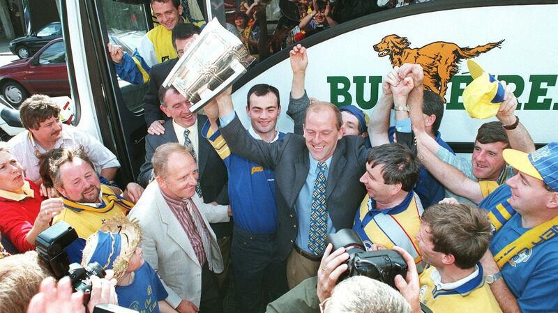 Ger Loughnane with the Liam MacCarthy Cup at the Burlington Hotel  after the victory over Tipperary in the 1997 All-Ireland SHC Final. Photograph: Matt Kavanagh