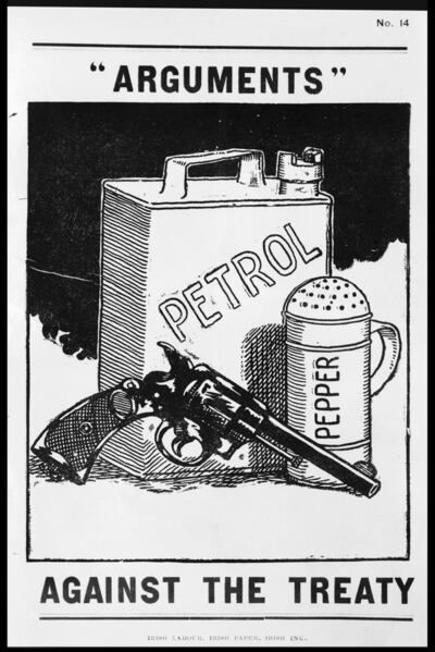 May 1922: A petrol can, revolver and pepper pot symbolising Sinn Féin members’ objections to the Treaty and partition. Photograph: Walshe/Topical Press Agency/Getty