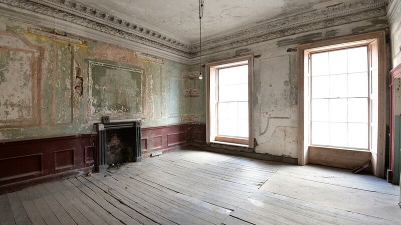 Rooms in  14 Henrietta Street were divided by partitions to form ‘compact three-roomed flats’. Photograph: Dara Mac Dónaill