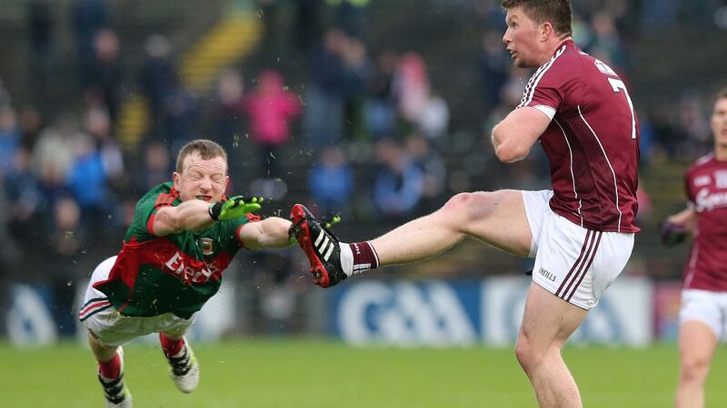 Colm Boyle dives to block Galway’s Gareth Bradshaw in the 2016 Connacht SFC semi-finals. Photograph: Lorraine O’Sullivan/Inpho