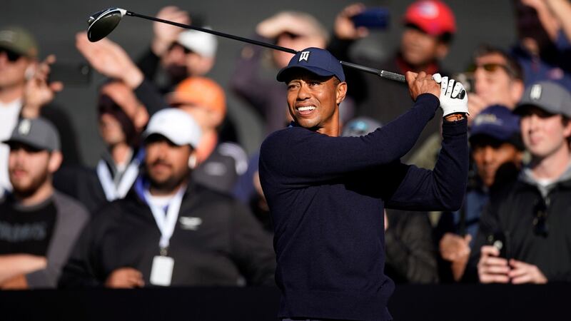 Tiger Woods hits his tee shot on the 10th hole during the Genesis Invitational pro-am at Riviera. Photograph: Ryan Kang/AP