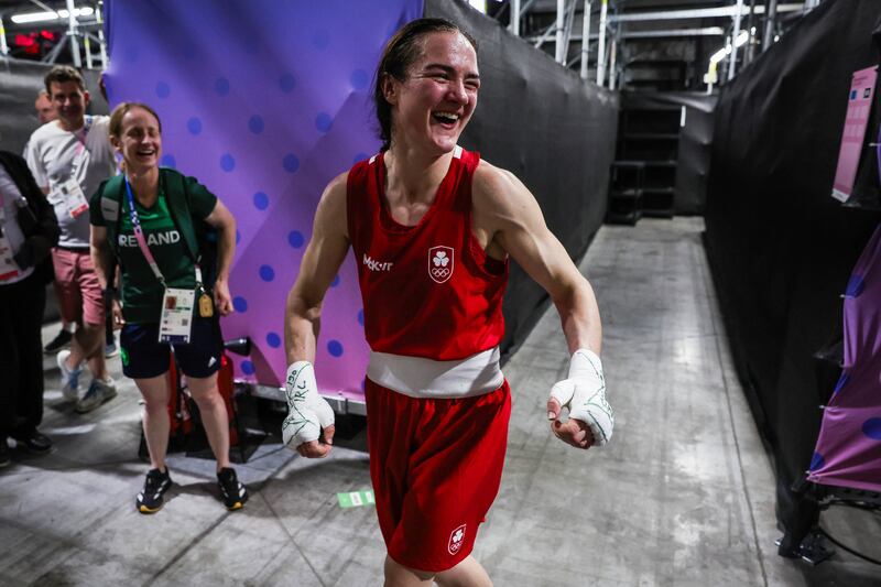 Kellie Harrington celebrates her semi-final win over Brazil's Beatriz Iasmin Soares Ferreira at the North Paris Arena, Paris. Photograph: Ryan Byrne/Inpho 