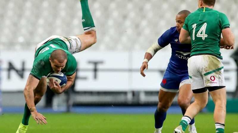 Ireland fullback Jacob Stockdale makes a spectacular catch  against France during the  Six Nations clash in Paris. Photograph: James Crombie/Inpho
