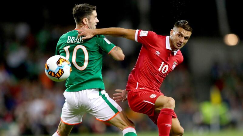 Dusan Tadic, seen here in action against Robbie Brady during a World Cup qualifier  in Dublin in 2017, has been named as Serbia’s new captain. Photograph: James Crombie/Inpho