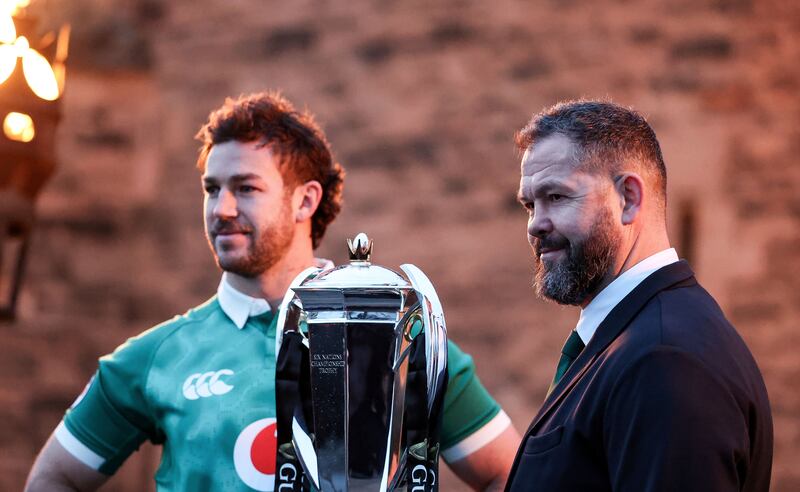 Ireland captain Caelan Doris and head coach Andy Farrell at the Six Nations launch in Edinburgh on Monday. Photograph: Gary Carr/Inpho