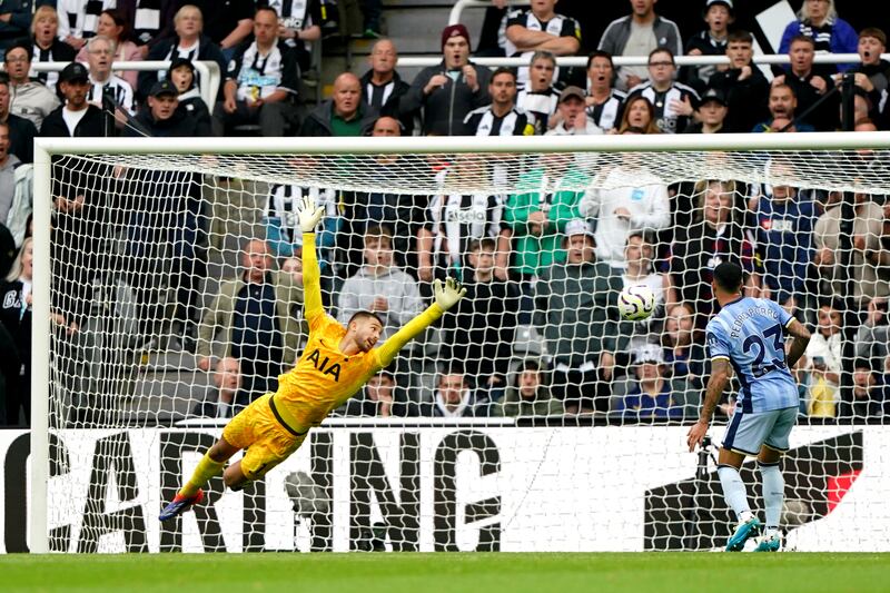 Tottenham Hotspur's Guglielmo Vicario watches as the ball goes past him for the opening goal of the game scored by Newcastle United's Harvey Barnes. Photograph: Owen Humphreys/PA