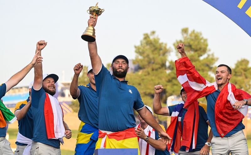 Team Europe's Jon Rahm celebrates with the Ryder Cup at Marco Simone golf club in Rome two years ago. Photograph: Matteo Ciambelli/Inpho