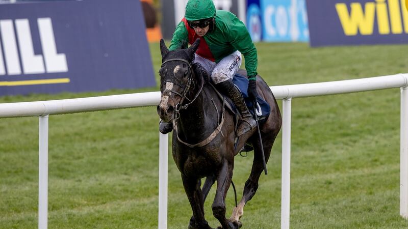 Patrick Mullins onboard Echoes in Rain on the way to winning the  comes home to win the eCOMM Merchant Solutions Champion Novice Hurdle at Punchestown. Photograph: Morgan Treacy/Inpho