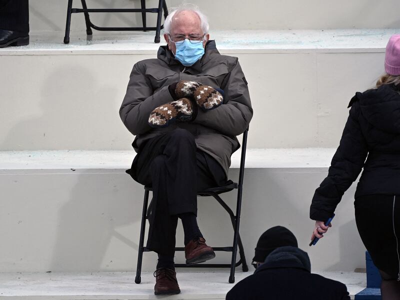 Former presidential candidate Bernie Sanders (D-Vermont) sits in the bleachers on Capitol Hill before Joe Biden is sworn in as the 46th US President on January 20th, 2021, at the US Capitol, in Washington, DC. Photograph: Brendan SmialowskiI/AFP/Getty Images