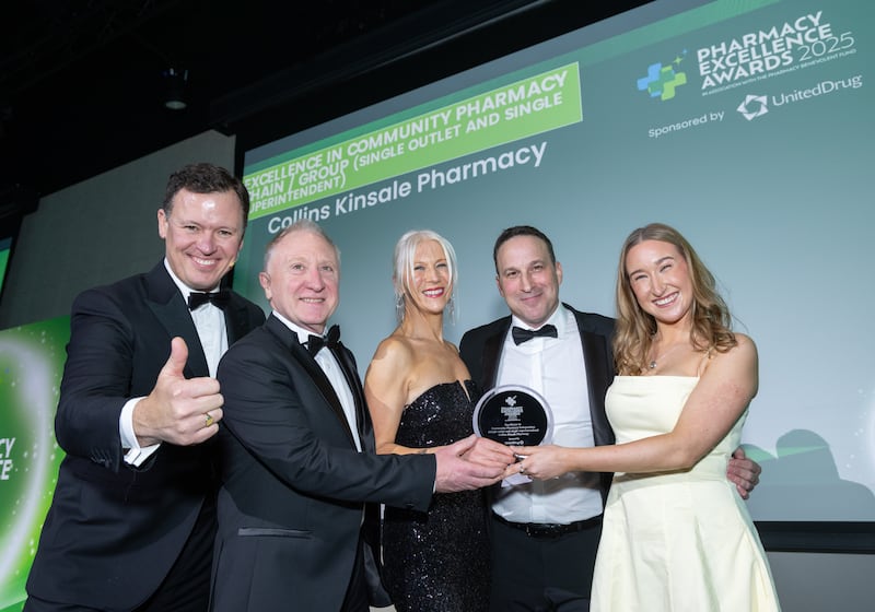 Anton Savage, MC of the awards; John Cronin; Caoilfhionn Ni Domnaill owner of Collins Kinsaly pharmacy;David Ruane, director, United Drug Consumer and Eadaoin Ni Domnaill. Photograph: Paul Sherwood