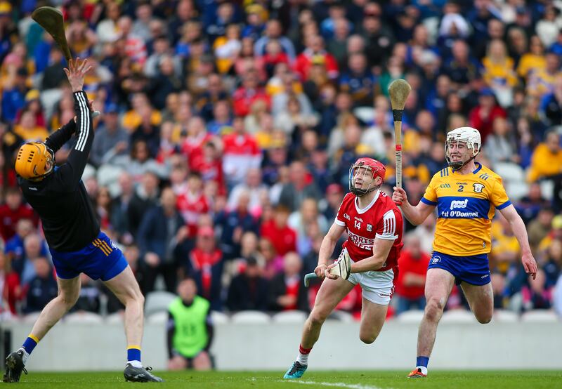Munster GAA Senior Hurling Championship Round 2, SuperValu Pairc Ui Chaoimh, Co, Cork 28/4/2024
Cork vs Clare
Clare’s Eibhear Quilligan saves a shot from Cork’s Alan Connolly 
Mandatory Credit ©INPHO/Ken Sutton