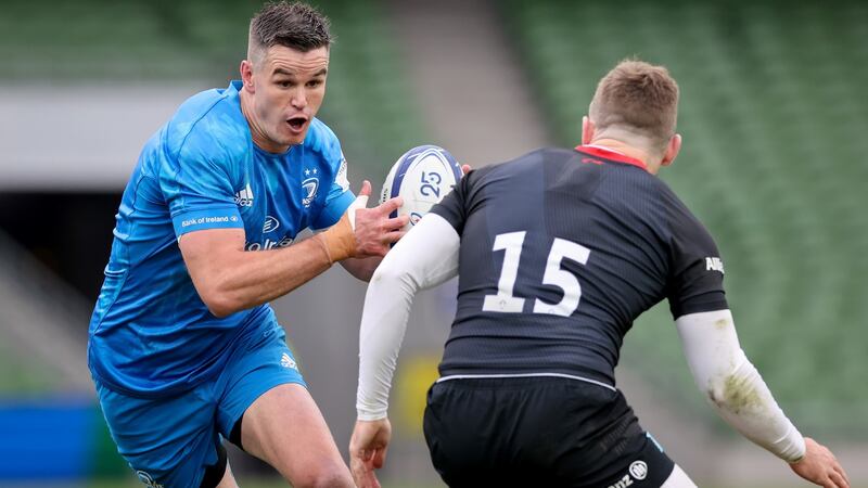 Johnny Sexton carries at Elliot Daly during Leinster’s defeat to Saracens. Photograph: Billy Stickland/Inpho