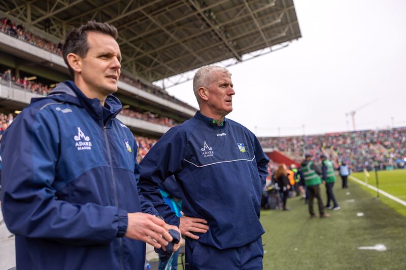 Limerick manager John Kiely and coach Paul Kinnerk at the Munster SHC final between Limerick and Cork at Páirc Uí Chaoimh on June 7th. Photograph: Morgan Treacy/Inpho