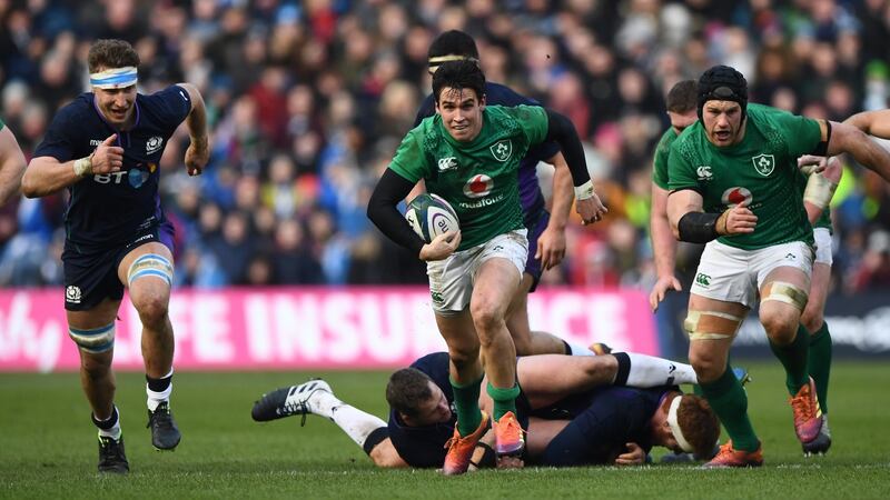 Joey Carbery breaks for Ireland at Murrayfield. Photograph:  Stu Forster/Getty