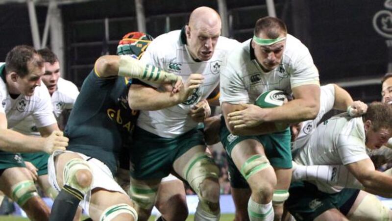 Ireland’s Rhys Ruddock makes a break against the Springboks with the support of Paul O’Connell at the Aviva Stadium.  Photograph: Colm O’Neill / Inpho