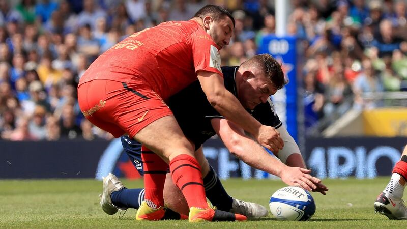 Dorian Aldegheri of Toulouse and Tadhg Furlong of Leinster  during the Heineken Champions Cup semi-final at the Aviva Stadium in Dublin on Saturday. Photograph: Donall Farmer/PA Wire