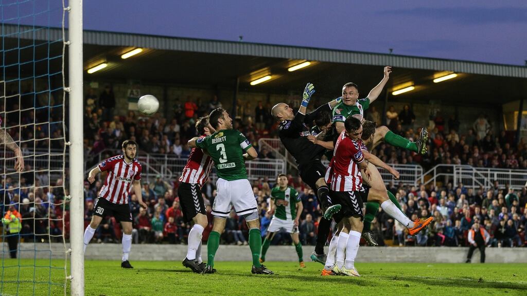 Kenny Browne leaps to score Cork City’s sinner against Derry. Photograph: Inpho