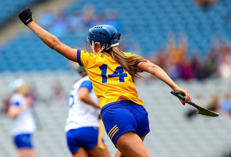 Áine O'Loughlin celebrates a goal for Clare. Photograph: Tom O'Hanlon/Inpho
