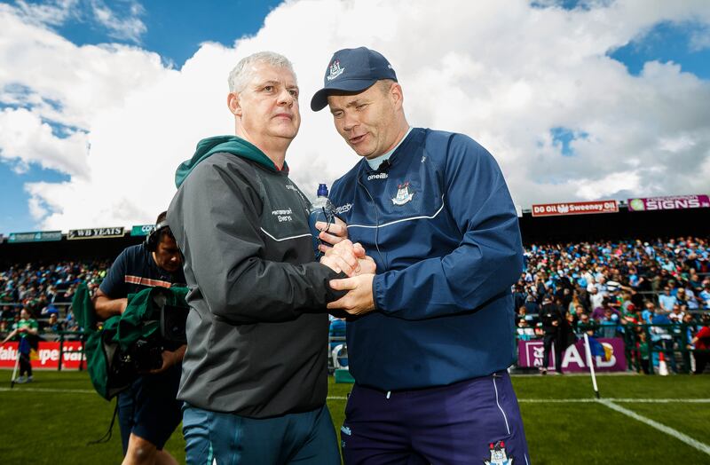 Mayo manager Kevin McStay and Dublin boss Dessie Farrell after the championship game against Dublin in Roscommon earlier in June. Photograph: Ryan Byrne/Inpho