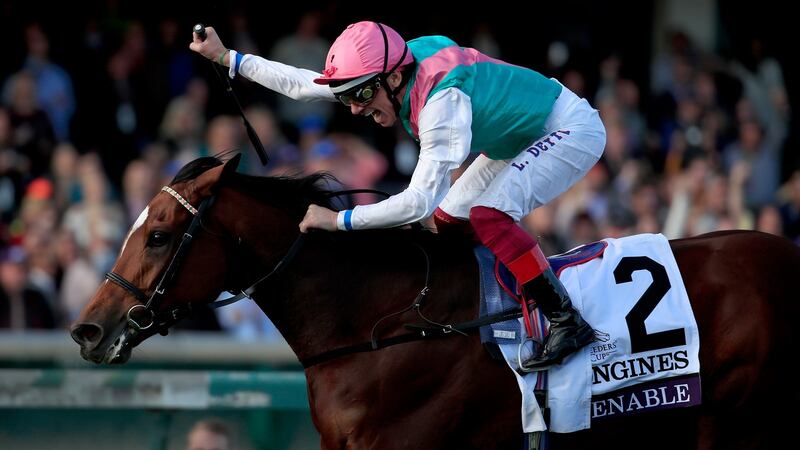 Jockey Frankie  Dettori celebrates after  Enable’s victory in the  Breeders’ Cup Turf  at Churchill Downs in Louisville, Kentucky. Photograph: Andy Lyons/Getty Images