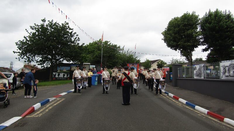 The William King Memorial Flute Band lines up at the start of the march through the Fountain, Derry.