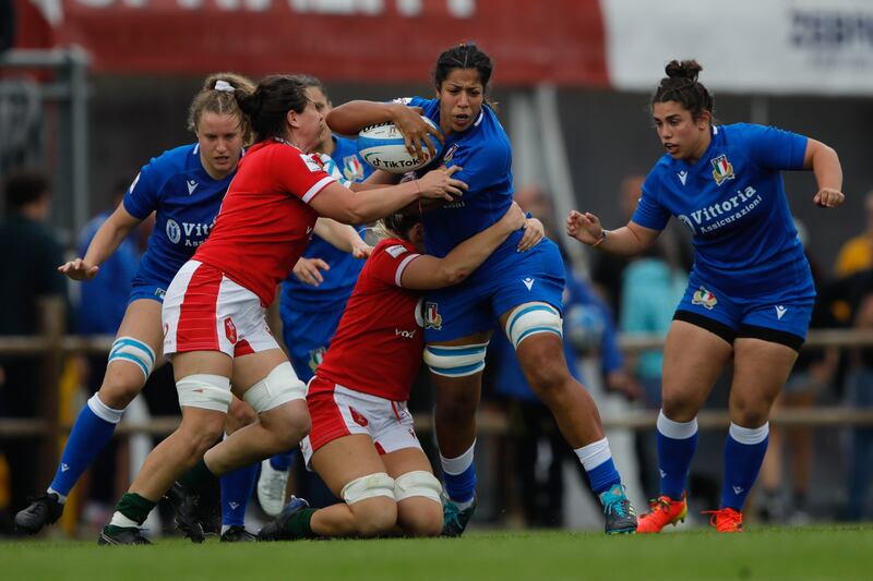 Italy's Sara Tounesi (ball carrier) switches from lock to blindside flanker for the game against Ireland. Photograph: Timothy Rogers/Getty Images