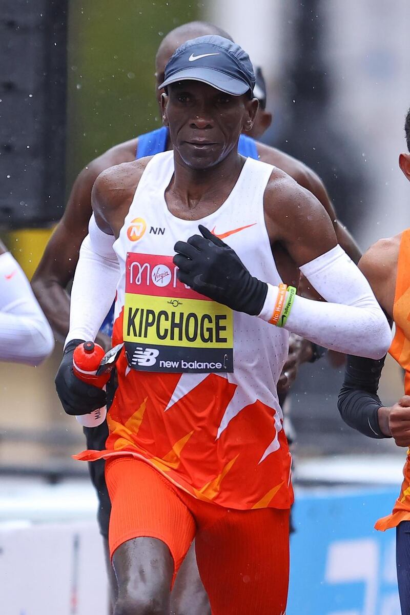 Kenya’s Eliud Kipchoge runs in the elite men’s race of the 2020 London Marathon on October 4th, 2020. Photograph:  Richard Heathcote/Pool/AFP via Getty Images