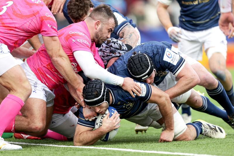 Caelan Doris scores a try for Leinster in the Heineken Champions Cup match against Gloucester at Kingsholm. Photograph: Laszlo Geczo/Inpho 