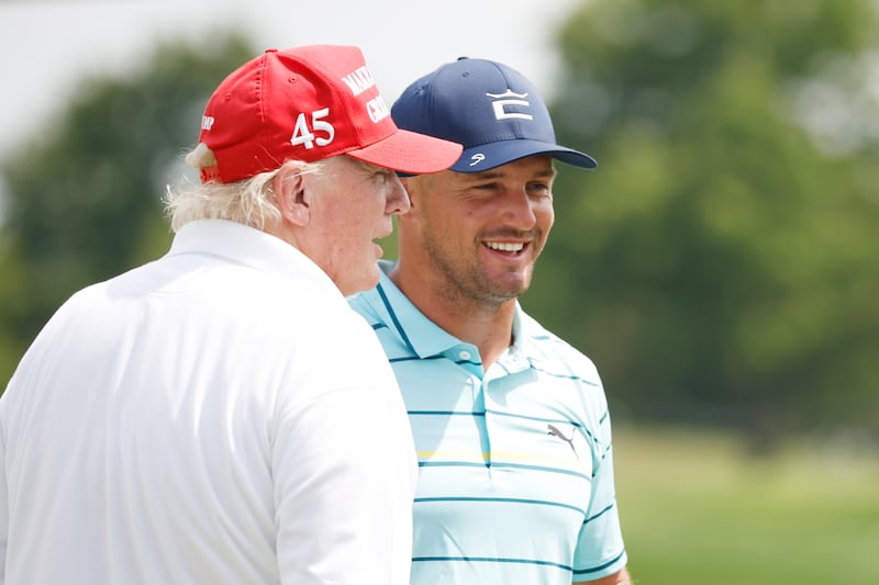 Former US president Donald Trump and golfer Bryson DeChambeau during a pro-am prior to a LIV event at Trump National Golf Club, Bedminster, New jersey, on July 28th, 2022. Photograph: Cliff Hawkins/Getty Images