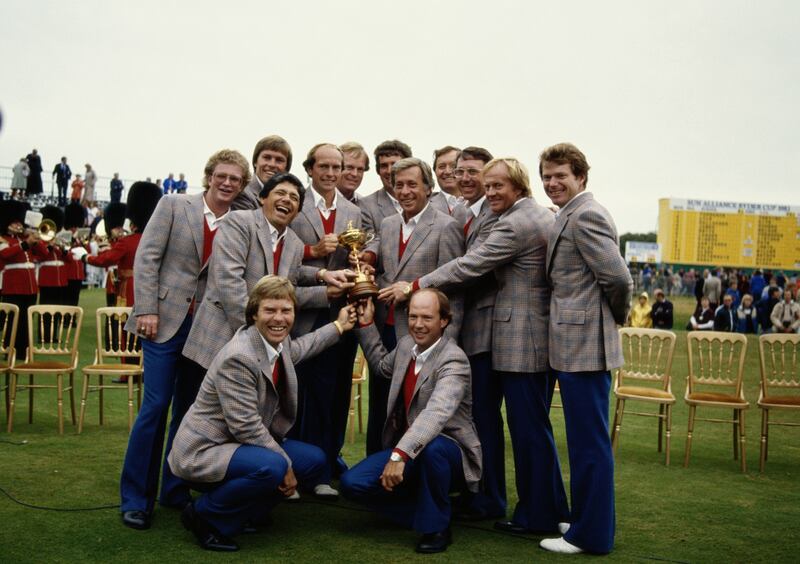 The victorious United States team at Walton Heath with the Ryder Cup. Photograph: Bob Martin/Getty Images
