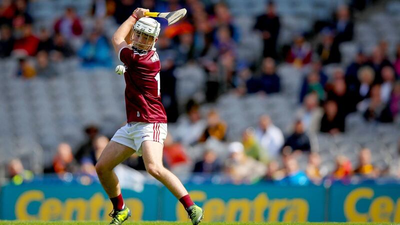 Galway’s  Seán McDonagh  scores a penalty in the Electric Ireland  All-Ireland Minor  Final against Kilkenny at  Croke Park. Photograph: Tommy Dickson/Inpho