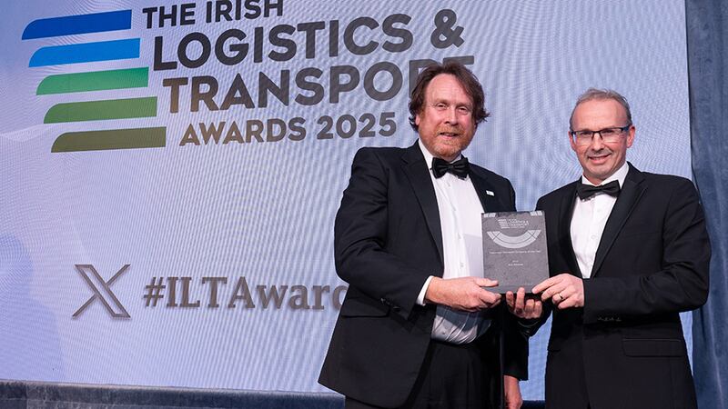 Declan Allen, judging coordinator, presents the passenger transport company of the year to Stephen Kent, Bus Éireann.