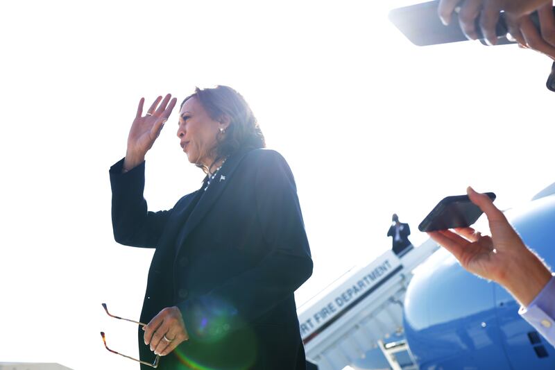 Kamala Harris is relying on televised rallies and prepared statements amid a tightly controlled roll-out of her candidacy. Photograph:  Alex Wong/Getty Images