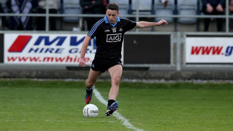 Dublin’s Cormac Costello kicks the winning point in the last minute of normal time during the  All-Ireland under-21 football semi-final against Cavan  at  O’Moore Park in  Portlaoise. Photograph: Donall Farmer/Inpho