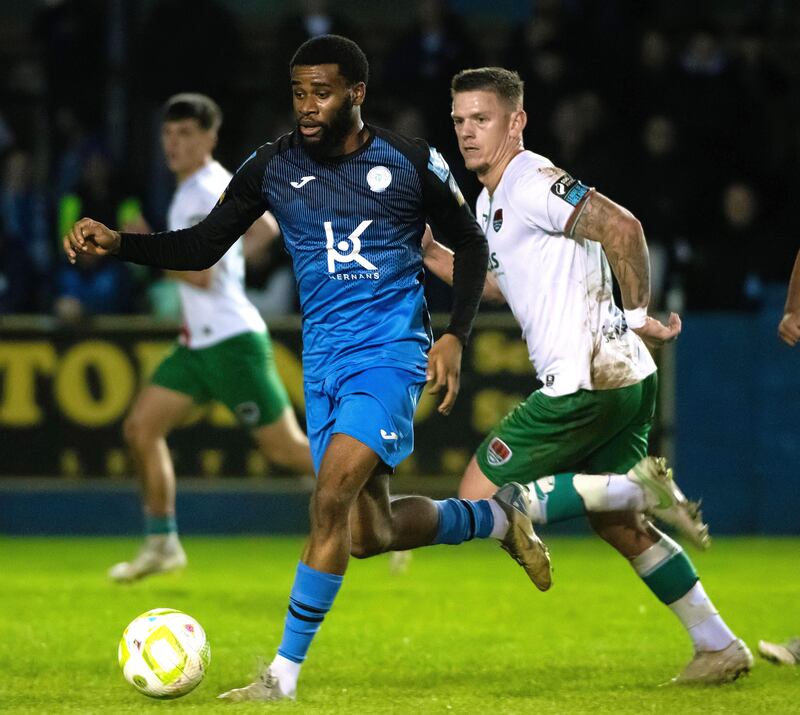 Hans Mpongo in action for Finn Harps during last season's FAI Cup quarter-final against Cork City. Photograph: Evan Logan/Inpho