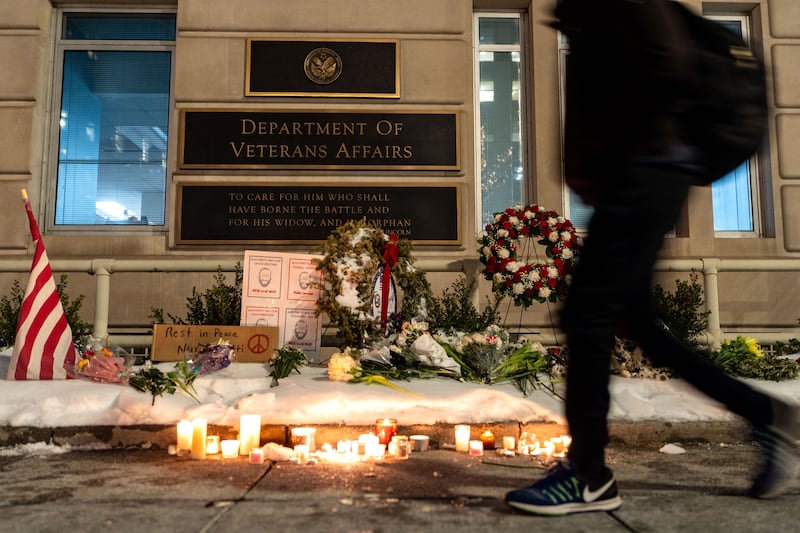 A memorial for Alex Pretti outside the Department of Veterans Affairs headquarters in Washington, DC. Photograph: Kent Nishimura/Bloomberg