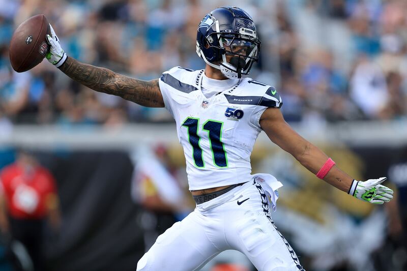 Seattle Seahawks wide receiver Jaxon Smith-Njigba celebrates after a touchdown reception during the second quarter against the Jacksonville Jaguars. Photograph: Mike Carlson/Getty Images