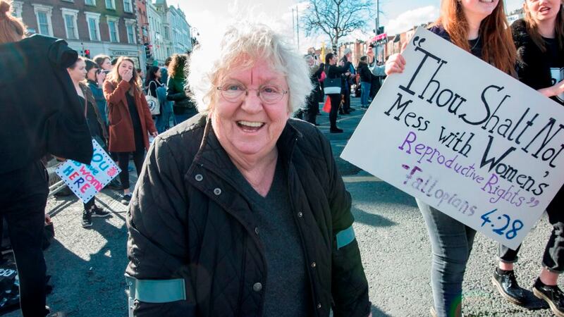 Author and feminist Nell McCafferty at the Strike Repeal March on O'Connell Bridge on March 8th, 2017. Photograph: Brenda Fitzsimons