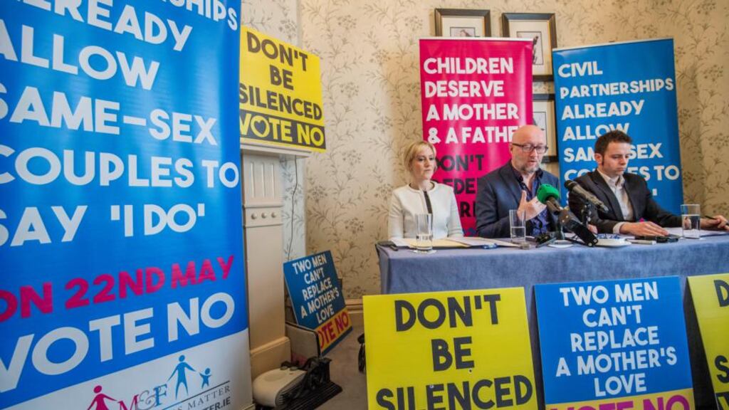 ‘This Government’s only commitment to marriage is to re-defining it to make it gender-neutral and then repeating loudly that it represents no change at all.’ Above, Eileen King, Keith Mills and Tom Finegan  during the Mothers and Fathers Matter press conference  in Dublin where they unveiled their new campaign posters and put questions to the Referendum Commission this week. Photograph: Brenda Fitzsimons / The Irish Times