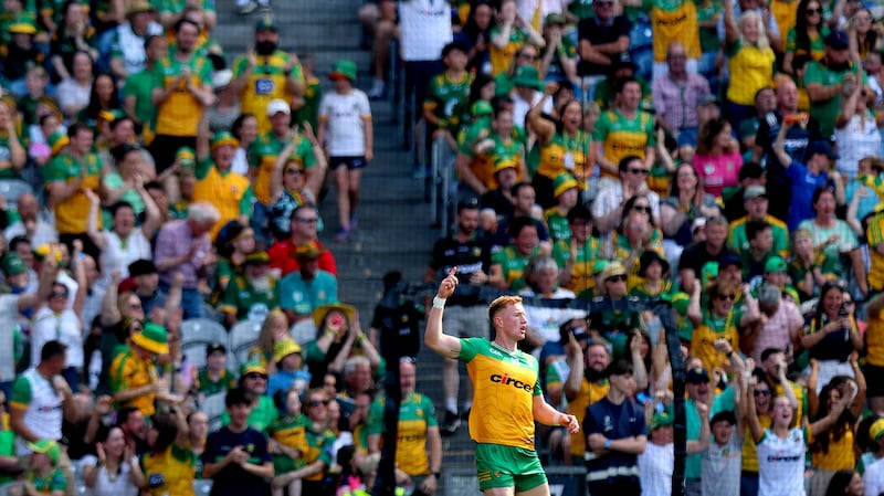 Oisín Gallen celebrates scoring a goal for Donegal against Meath. Photograph: Ryan Byrne/Inpho